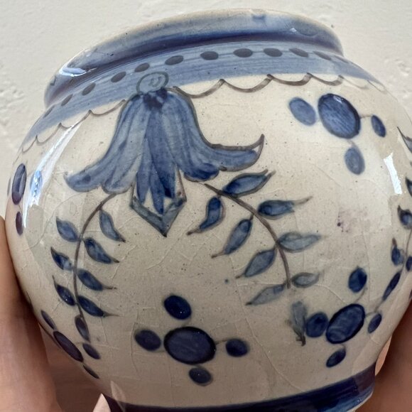 Antique Carvalhinho Porto Portugal Ceramic Blue White Bowl Vase hand painted pot - Picture 9 of 14